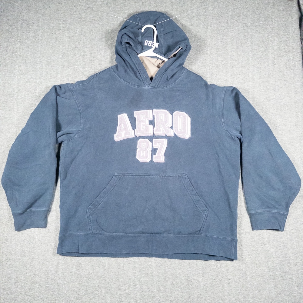 Vintage Y2K Aeropostale Aero 87 Hoodie Mens L Blue Applique Spellout Pullover